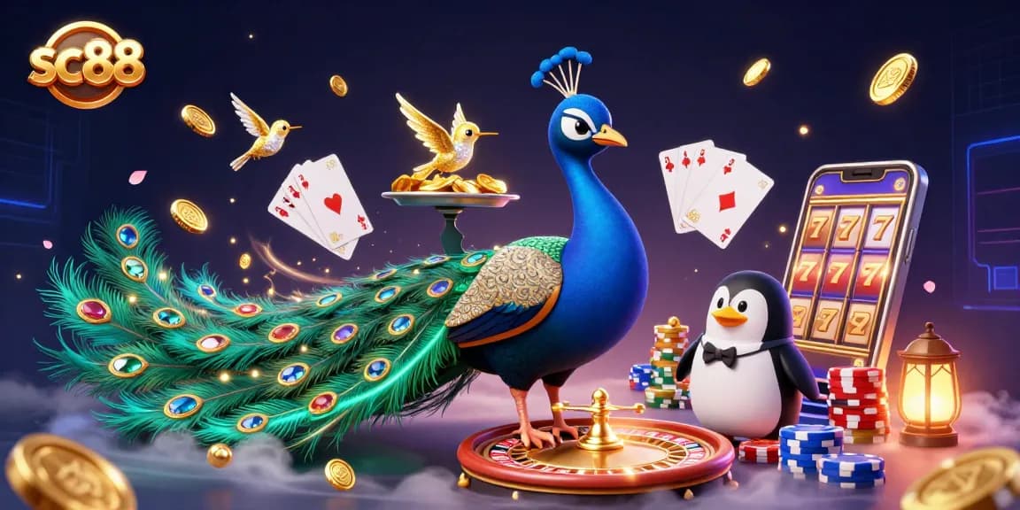 Win thrilling rewards at SC88 with a vibrant casino scene featuring dazzling characters and exciting gameplay elements.