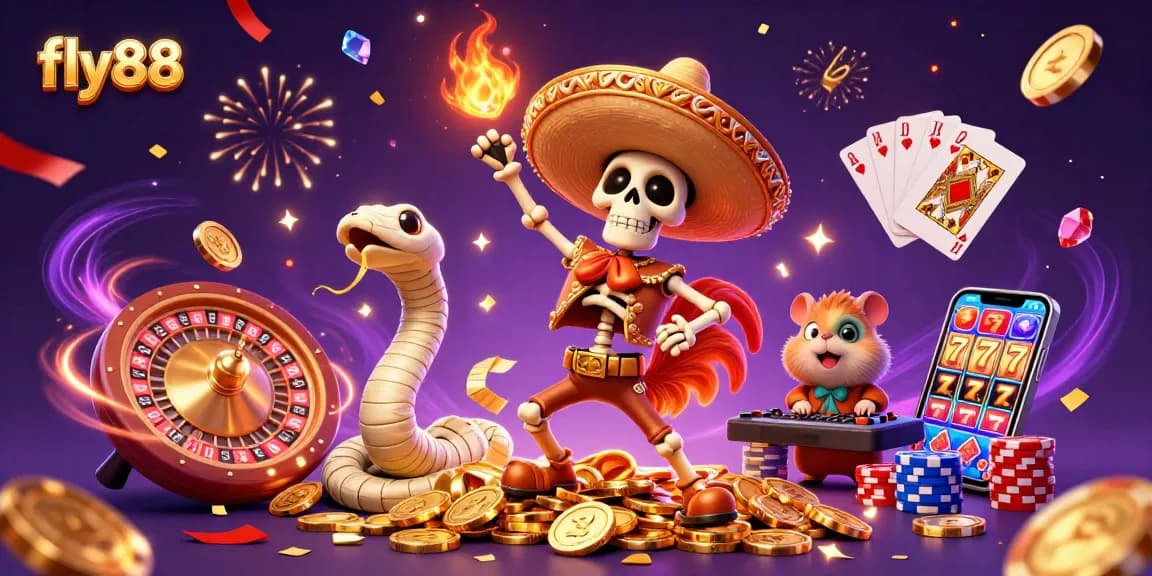 Join the excitement of fly88 with a vibrant casino scene featuring a mariachi rooster and dynamic gaming elements.