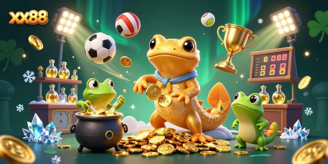Experience exciting gameplay at xx88 with a 3D casino scene featuring a unique alchemist and gold elements.