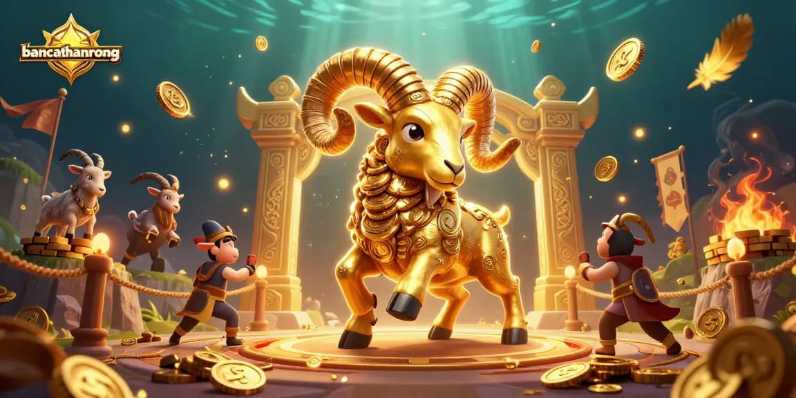 Bancathanrong showcases a golden ram charging through a vibrant casino scene filled with gold coins and betting tokens.