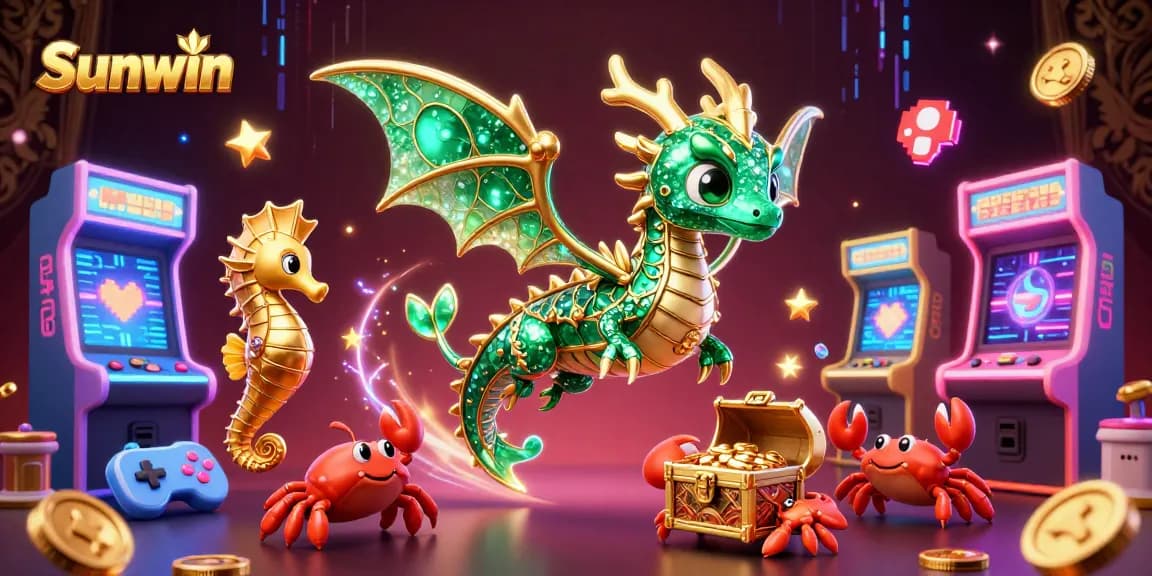 Engage in thrilling gameplay at Sunwin with a vibrant 3D treasure scene full of arcade games and casino elements.