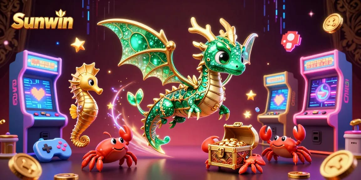 Engage in thrilling gameplay at Sunwin with a vibrant 3D treasure scene full of arcade games and casino elements.