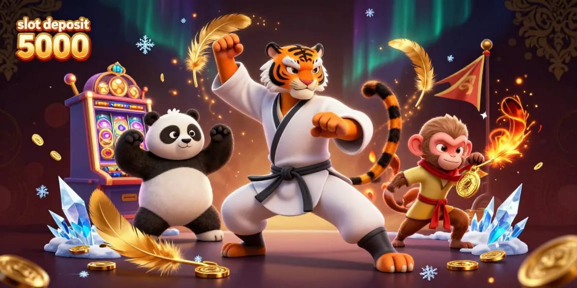 Engage with the exciting world of slot deposit 5000, featuring a kung fu tiger and playful characters in a vibrant casino scene.