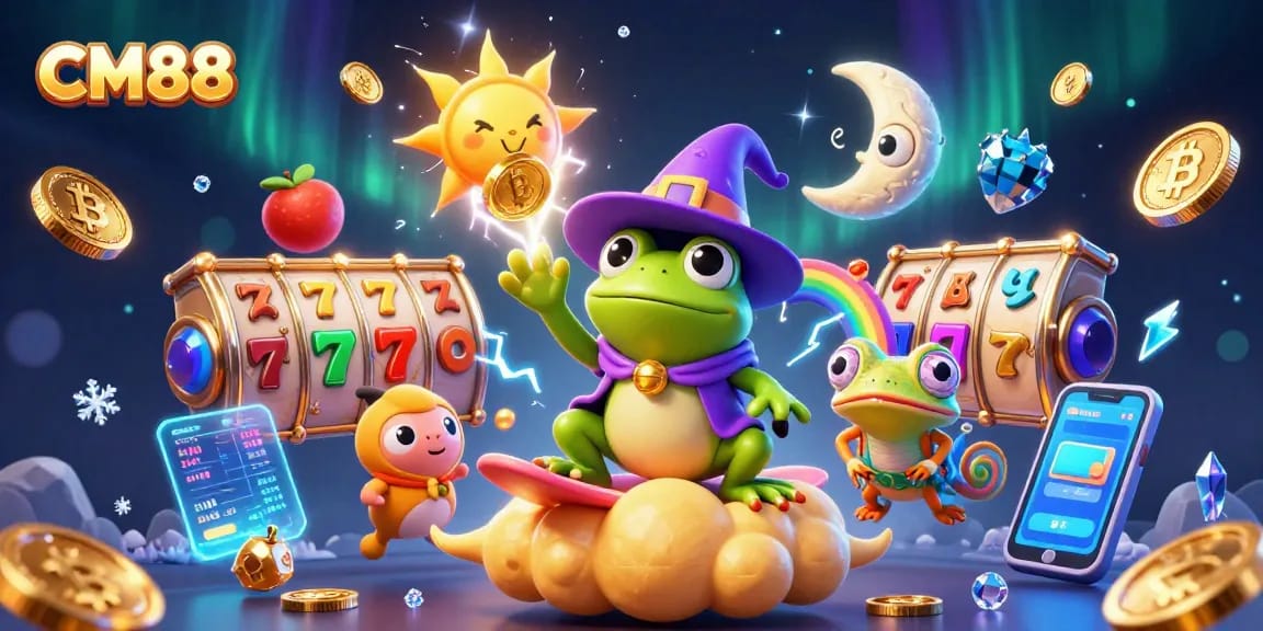 Engage with CM88’s thrilling world of slots as the wizard frog conjures coins in an exciting gaming scene.