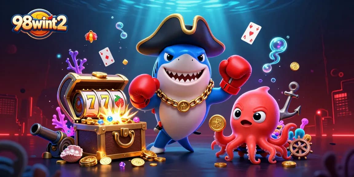 Engage with thrilling 98wint2 casino adventures featuring a pirate shark, boxing pufferfish, and octopus with gold coins.