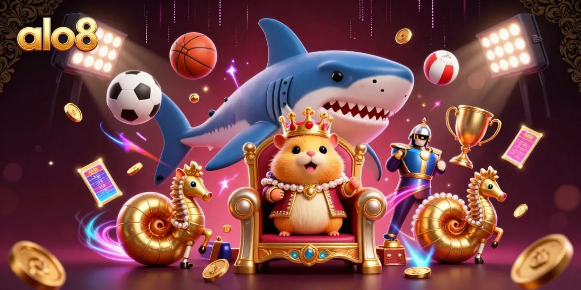 Engage with alo8's thrilling gaming scene featuring a golden hamster king and dynamic sports elements.
