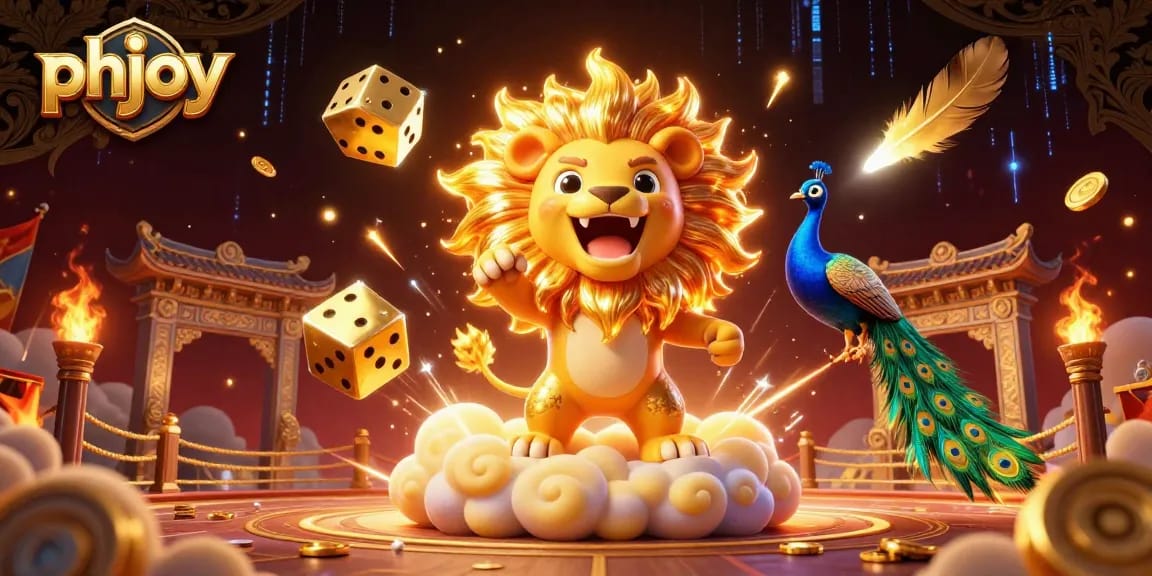 Engage in exciting games at phjoy, where a roaring lion and golden dice symbolize the thrill of online gambling.