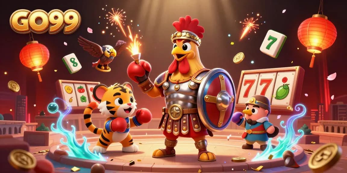 Experience the thrill of GO99 gaming with a vibrant casino scene featuring a gladiator rooster and slot elements.