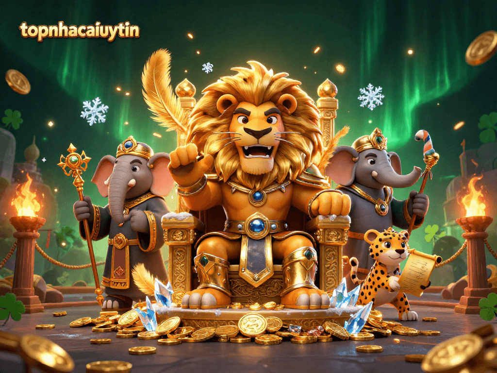 Experience the thrill of gambling with topnhacaiuytinn's vibrant 3D illustration featuring majestic casino characters.