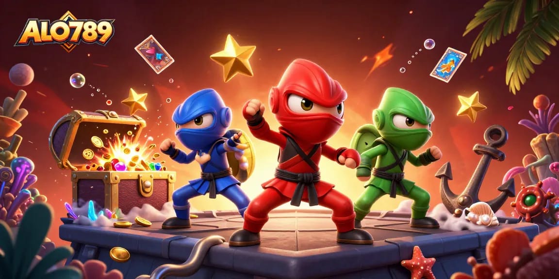 ALO789 showcases a vibrant casino scene with ninja chameleons and stunning game elements.