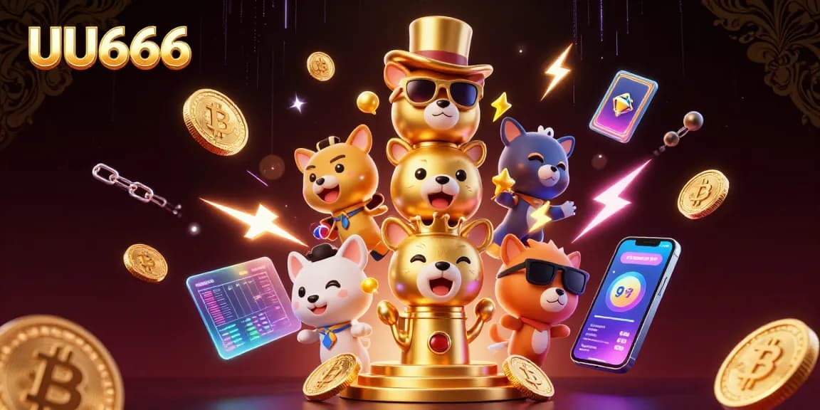 Experience the excitement at UU666 with vibrant casino elements, animated totem characters, and cryptocurrency visuals.