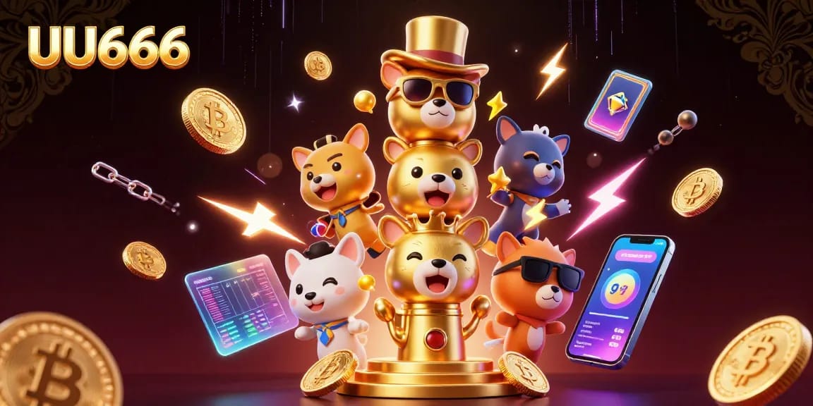 Experience the excitement at UU666 with vibrant casino elements, animated totem characters, and cryptocurrency visuals.