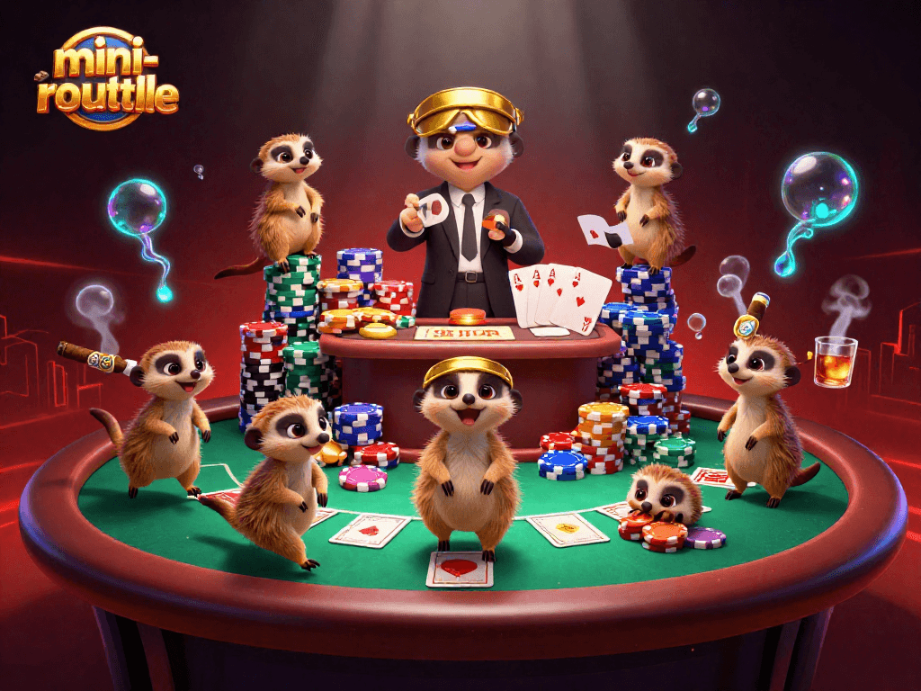Engage with mini-roulette action in a 3D cartoon casino scene featuring lively meerkats.