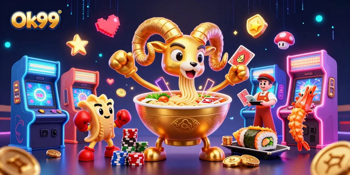 Engage with Ok99's vibrant casino experience featuring a golden ramen bowl dealer surrounded by lively gaming elements.