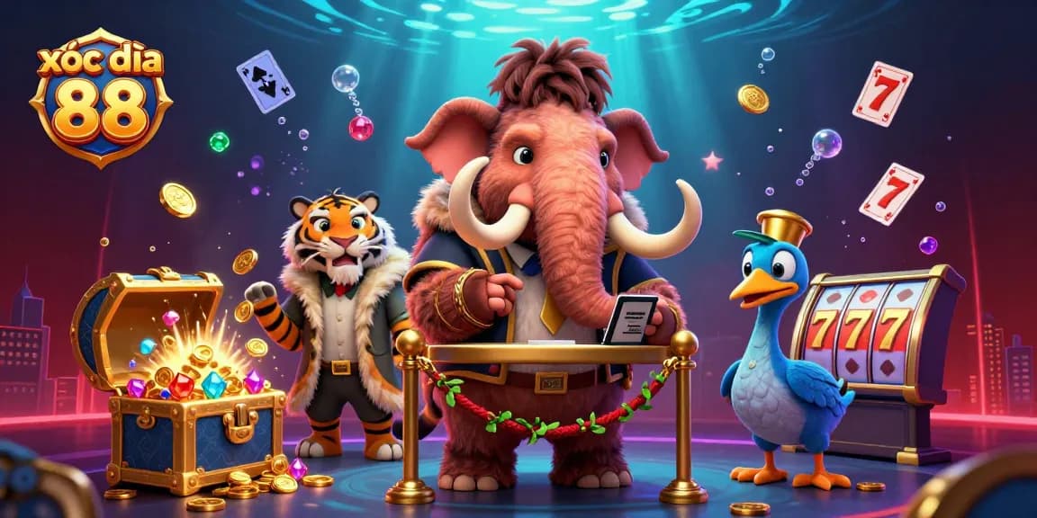 Xóc đĩa 88 visualizes excitement with a mammoth bouncer, VIP tiger, and vibrant slot reels.