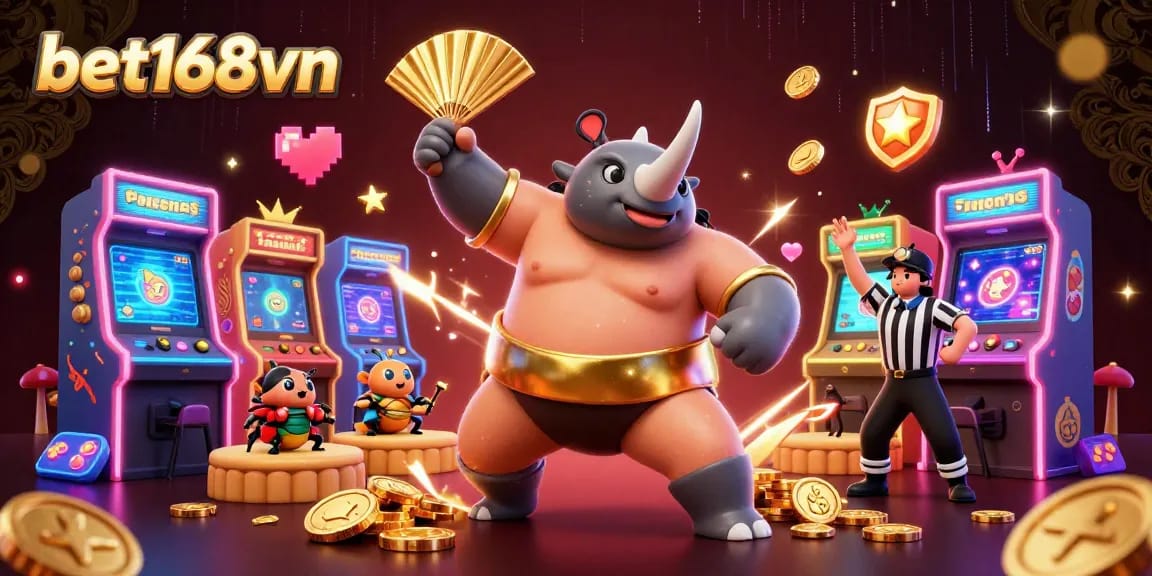 bet168vn engages players with a thrilling scene of a sumo champion beetle amidst a vibrant casino atmosphere.