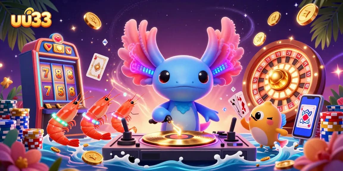 uu33 illustrates a vibrant casino scene with a neon axolotl DJ and a team of charming sea characters.