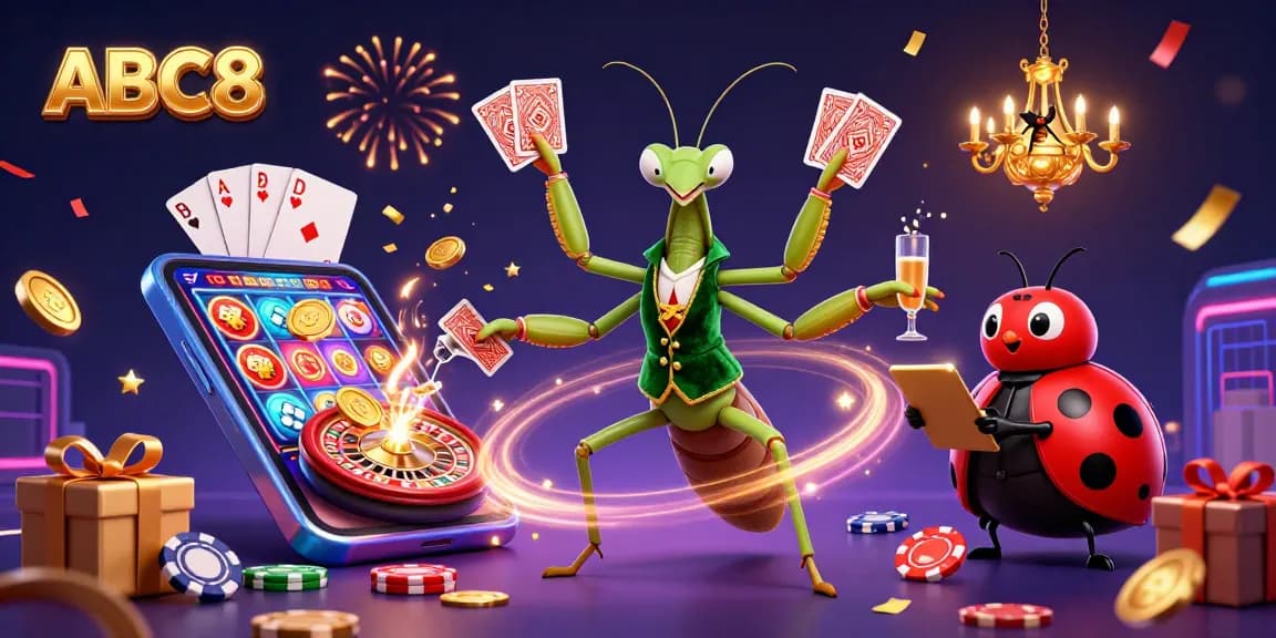 Engage in thrilling gaming at ABC8, featuring a vibrant 3D casino scene with dynamic characters.