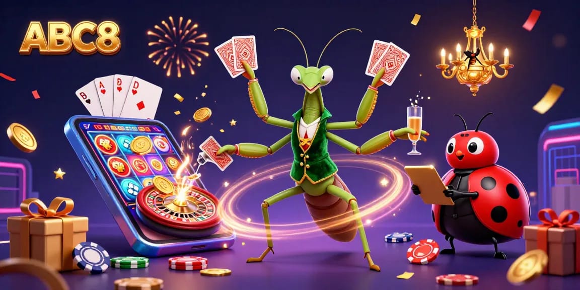 Engage in thrilling gaming at ABC8, featuring a vibrant 3D casino scene with dynamic characters.