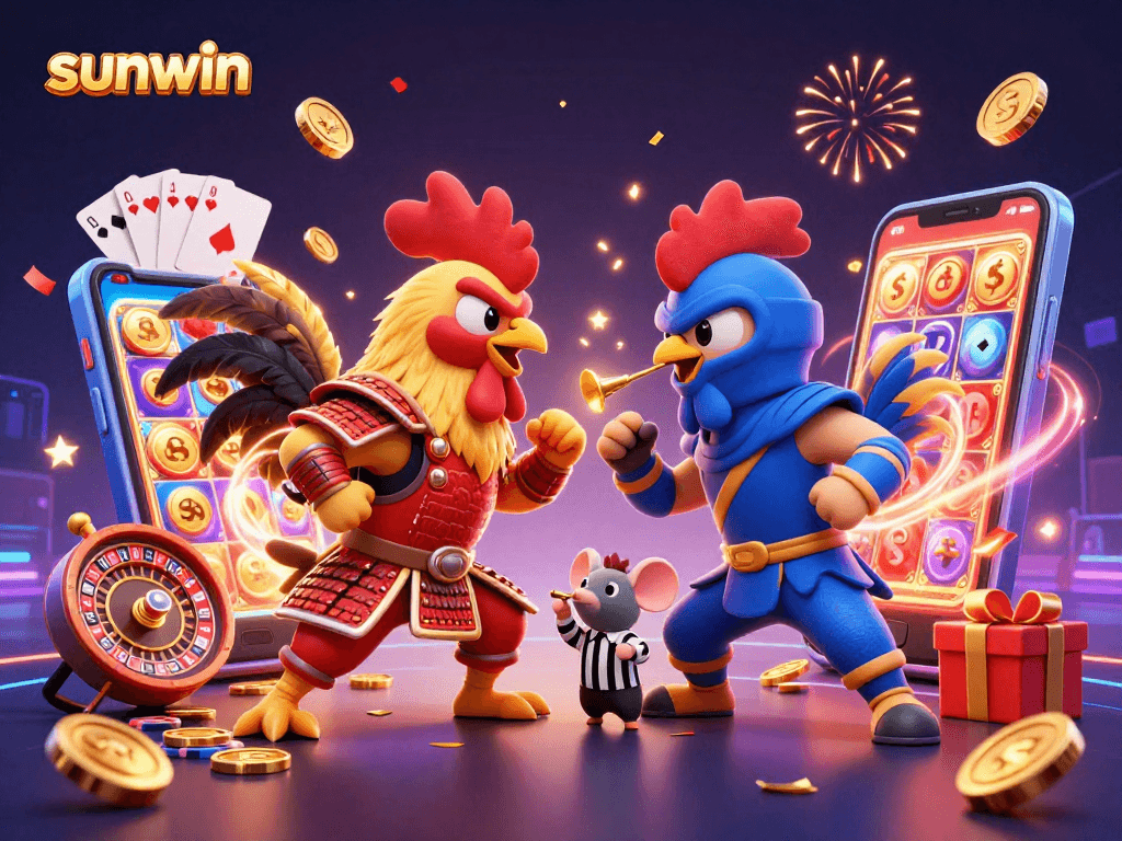 Compete with sunwin in this vibrant casino showdown featuring samurai roosters and dynamic game elements.