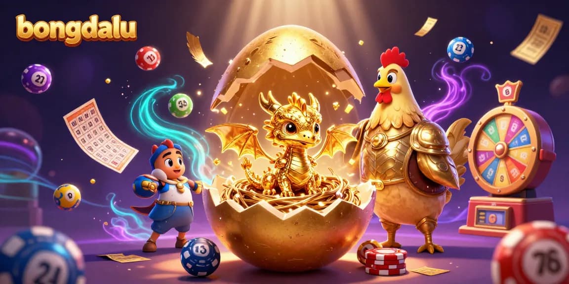 Bongdalu offers exciting gambling action with a baby dragon revealing treasures on poker chips amidst vibrant lottery elements.