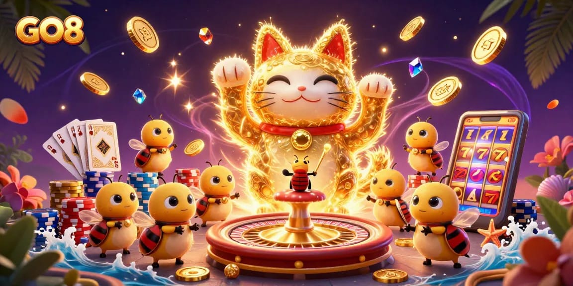 Spin the reels with the GO8 lucky cat surrounded by casino treasures for an exciting gaming experience.