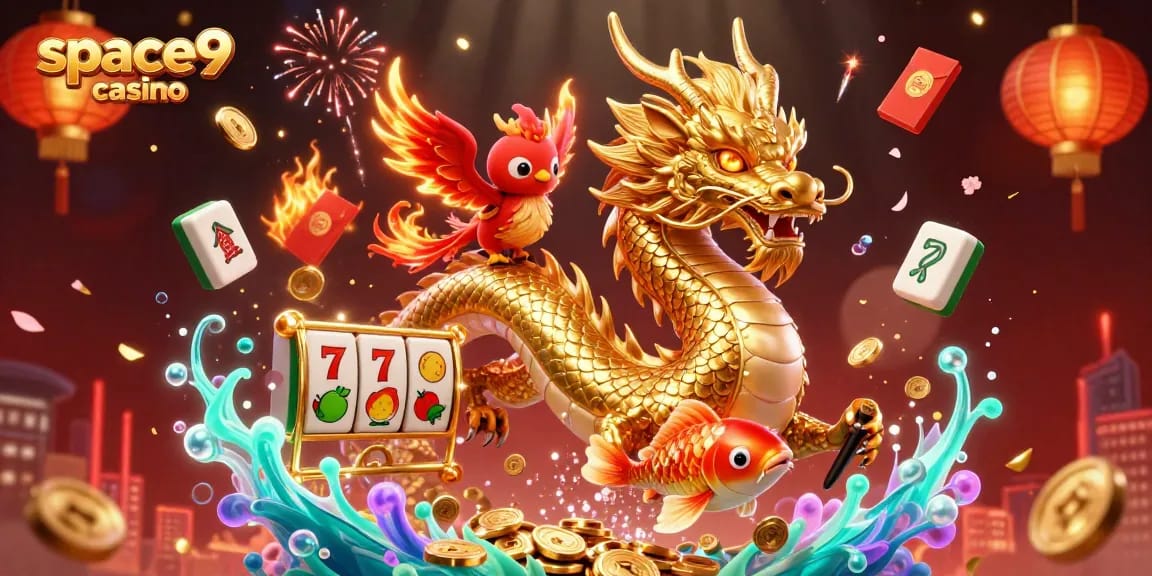 Engage with space9 casino's vibrant 3D gaming ecosystem, showcasing thrilling slots, lucky symbols, and dynamic characters.