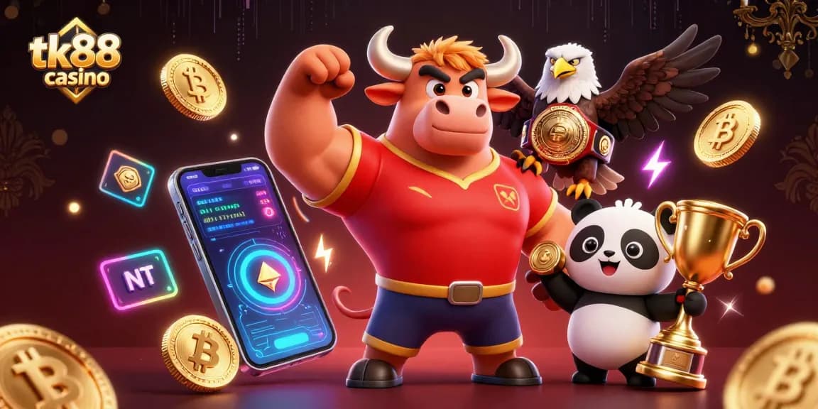 Play exciting games at tk88 casino with the victorious bull mascot, eagle, and panda.