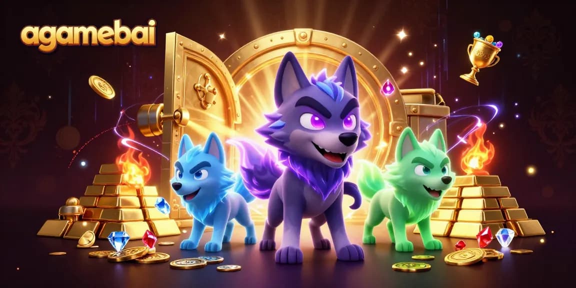 Win big with agamebai in an exciting dynamic casino illustration featuring mystical wolves and treasures.