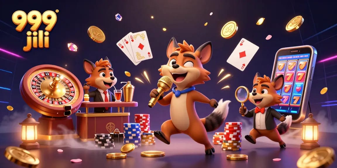 Experience the excitement of 999 jili with a lively casino scene featuring hyenas and vibrant gaming elements.