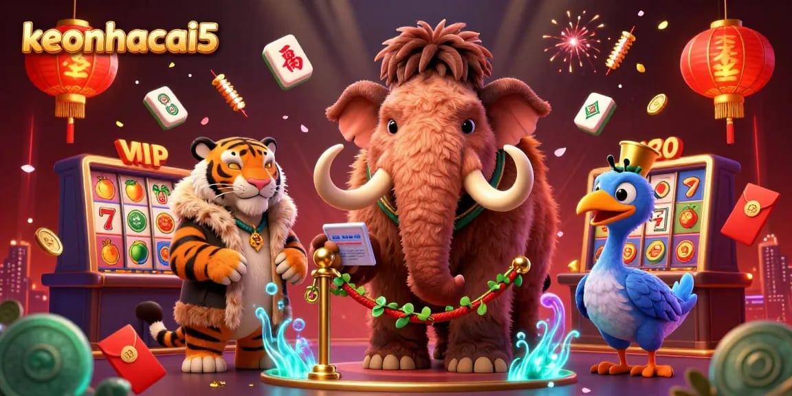 Experience the vibrant casino scene with keonhacai5 featuring a woolly mammoth bouncer checking IDs.