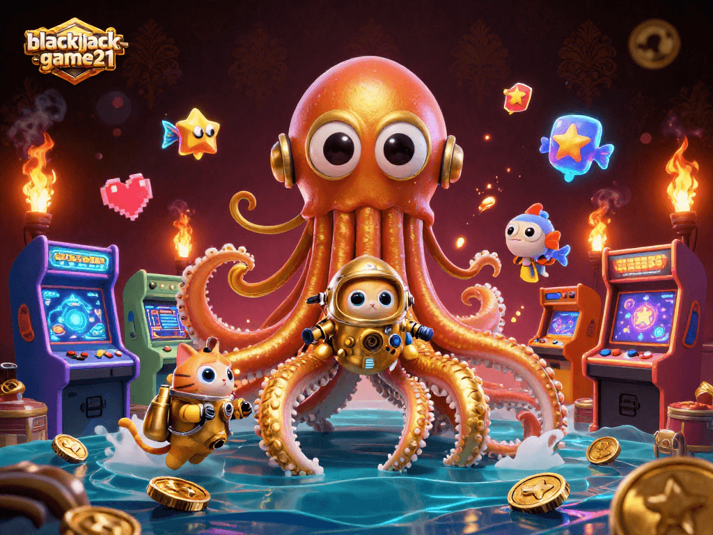 Experience exciting gaming action at blackjack-game21 with a vibrant, treasure-filled casino scene featuring dynamic characters.