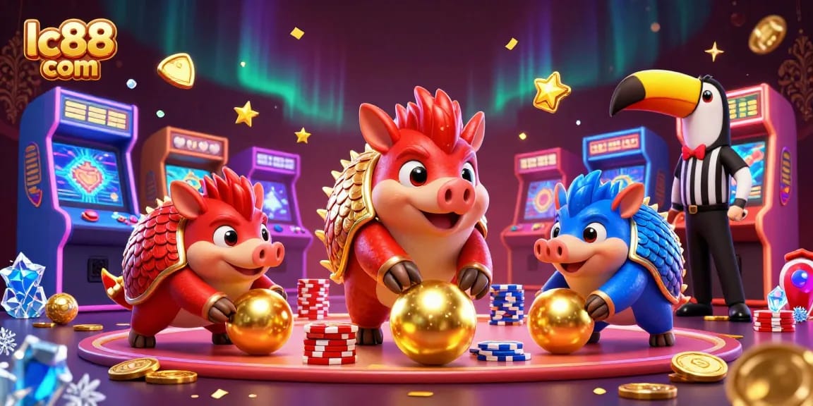 Play and win at lc88 com with a vibrant 3D casino scene featuring pangolins and poker chips.