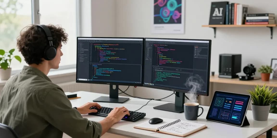 Developer coding with large language models on dual monitors in a modern workspace.