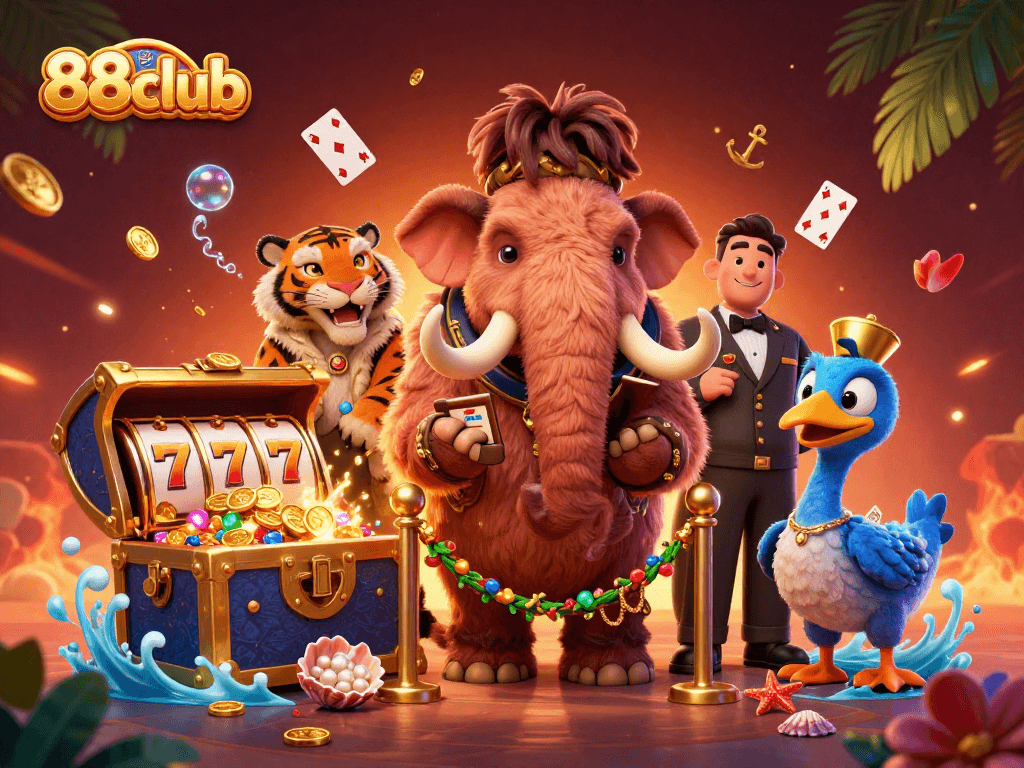 Experience the vibrant world of 88club with a colorful 3D illustration featuring a mammoth bouncer at the casino entrance.