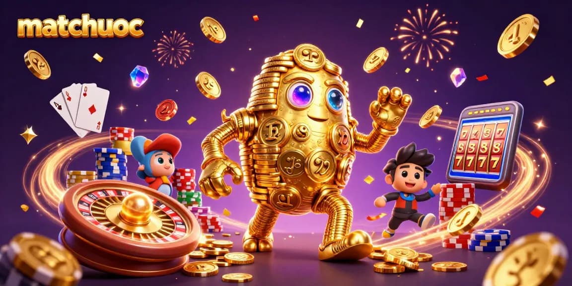 Experience thrilling wins with matchuoc in this vibrant casino scene featuring a golden golem and lucky symbols.