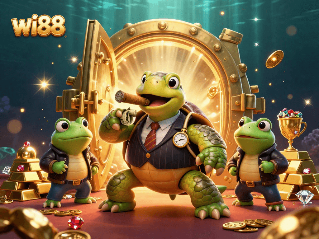 Experience the excitement of gambling with wi88's vibrant 3D illustration showcasing a turtle and bullfrog enforcers.