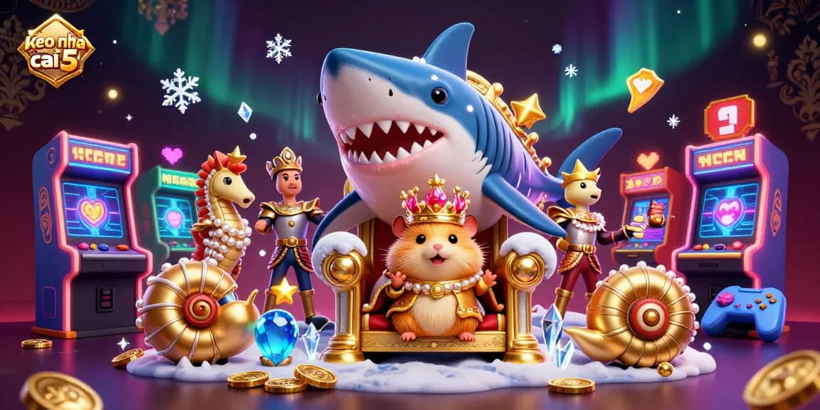 Engaging keo nha cai 5 scene with cute hamster king and floating arcade elements amidst a vibrant casino backdrop.