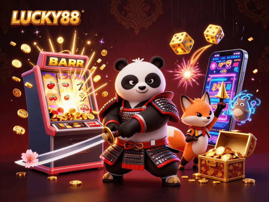 LUCKY88 showcases a fierce samurai panda and ninja fox amidst a vibrant jackpot explosion.