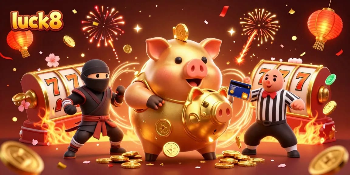 Engage with luck8 as the golden piggy bank sumo wrestler shakes coins in an exciting casino scene filled with vibrant elements.