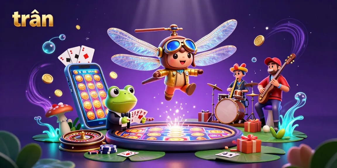 Spin the reels with trần while enjoying a vibrant lily pad casino scene animated with jazzy characters.