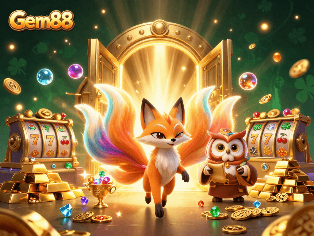 Experience Gem88's thrilling casino ambiance with enchanting characters and abundant treasures.