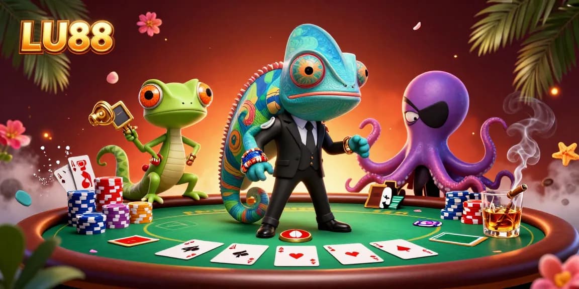 Engage with LU88 in a vibrant gambling scene featuring poker action and colorful casino elements.
