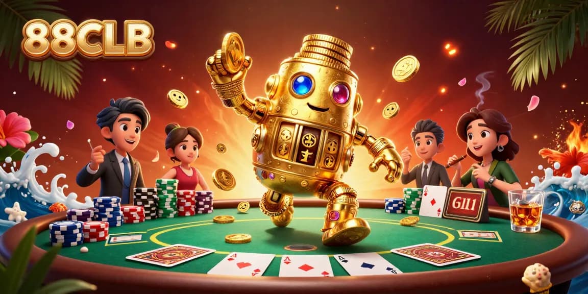 Engaging 88CLB casino illustration showcasing a golden golem with mesmerizing slot symbols