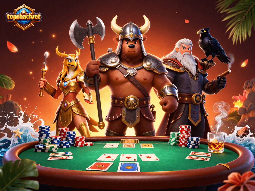 Experience topnhacaiviet in a vibrant 3D casino scene with exciting poker elements