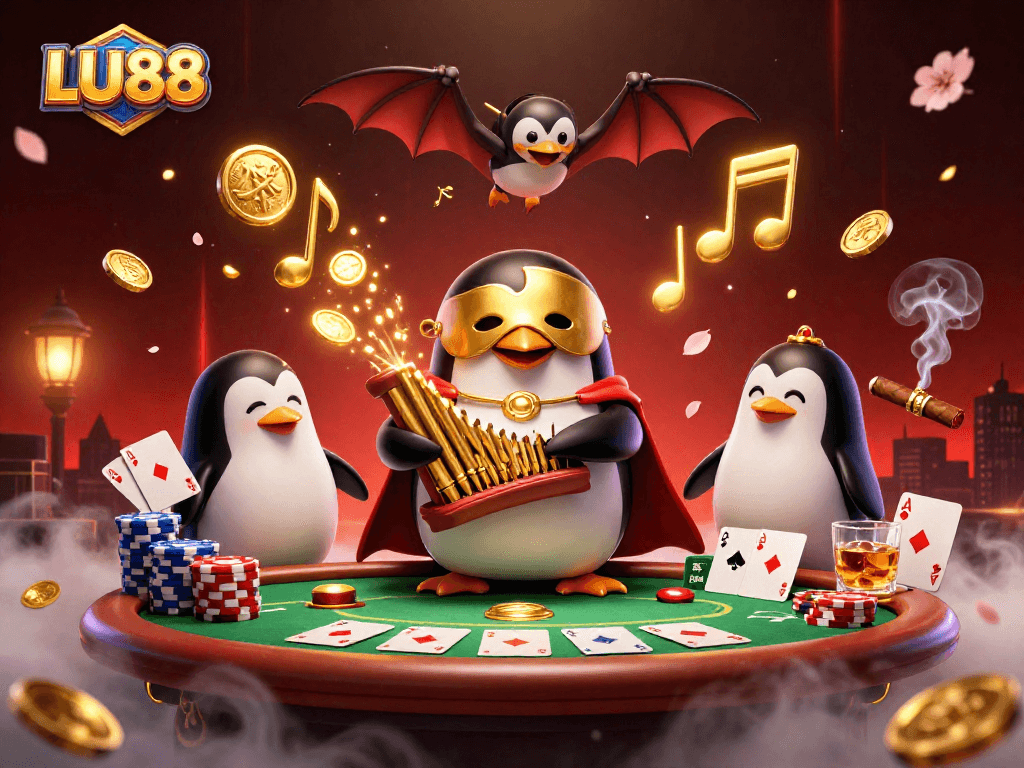 LU88 casino scene with a cartoon penguin playing the organ amidst golden coins and poker elements.