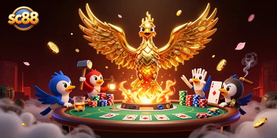 Experience excitement with sc88 as a golden phoenix emerges amidst a vibrant poker scene.