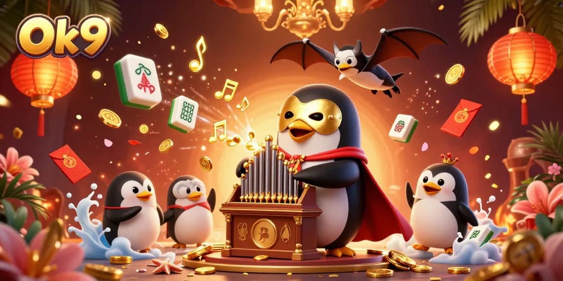Experience thrilling gaming at Ok9 with vibrant golden coins and festive symbols in this exciting casino scene.