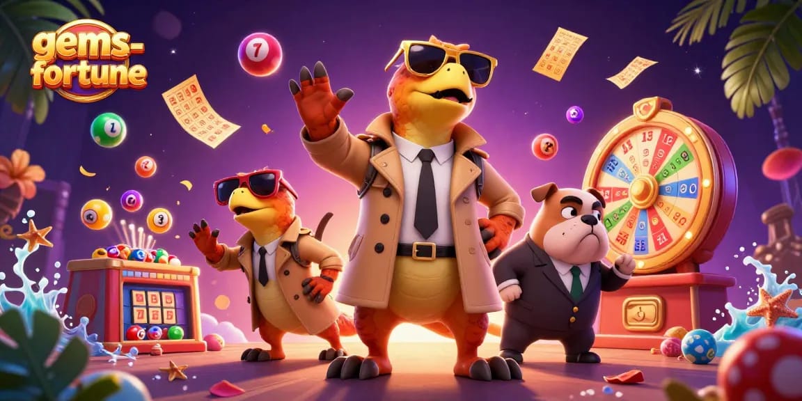 See raptors in a trench coat attempting entry at gems-fortune VIP, surrounded by dynamic lottery elements.