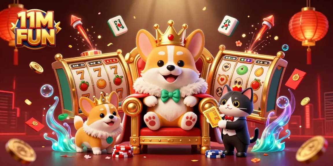 Engage in thrilling gameplay with 11M FUN, showcasing a royal corgi on a poker throne amidst exciting casino elements.